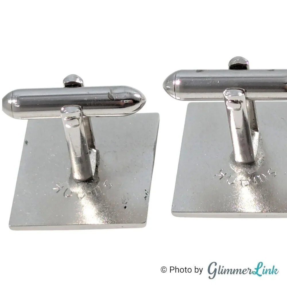 Vintage Swank Square Fleur de Lis Diagonal Stripes Silver Tone Cufflinks